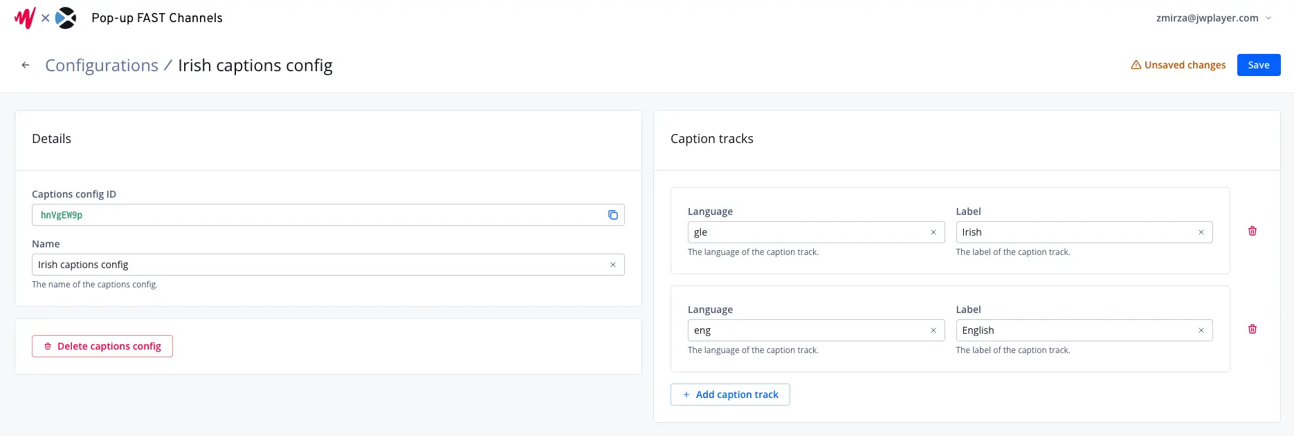 Screenshot of the captions configuration page
