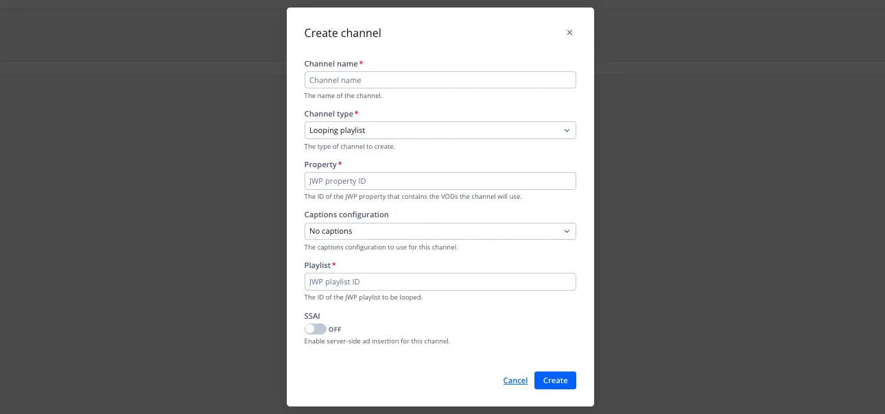 Screenshot of the create channel modal