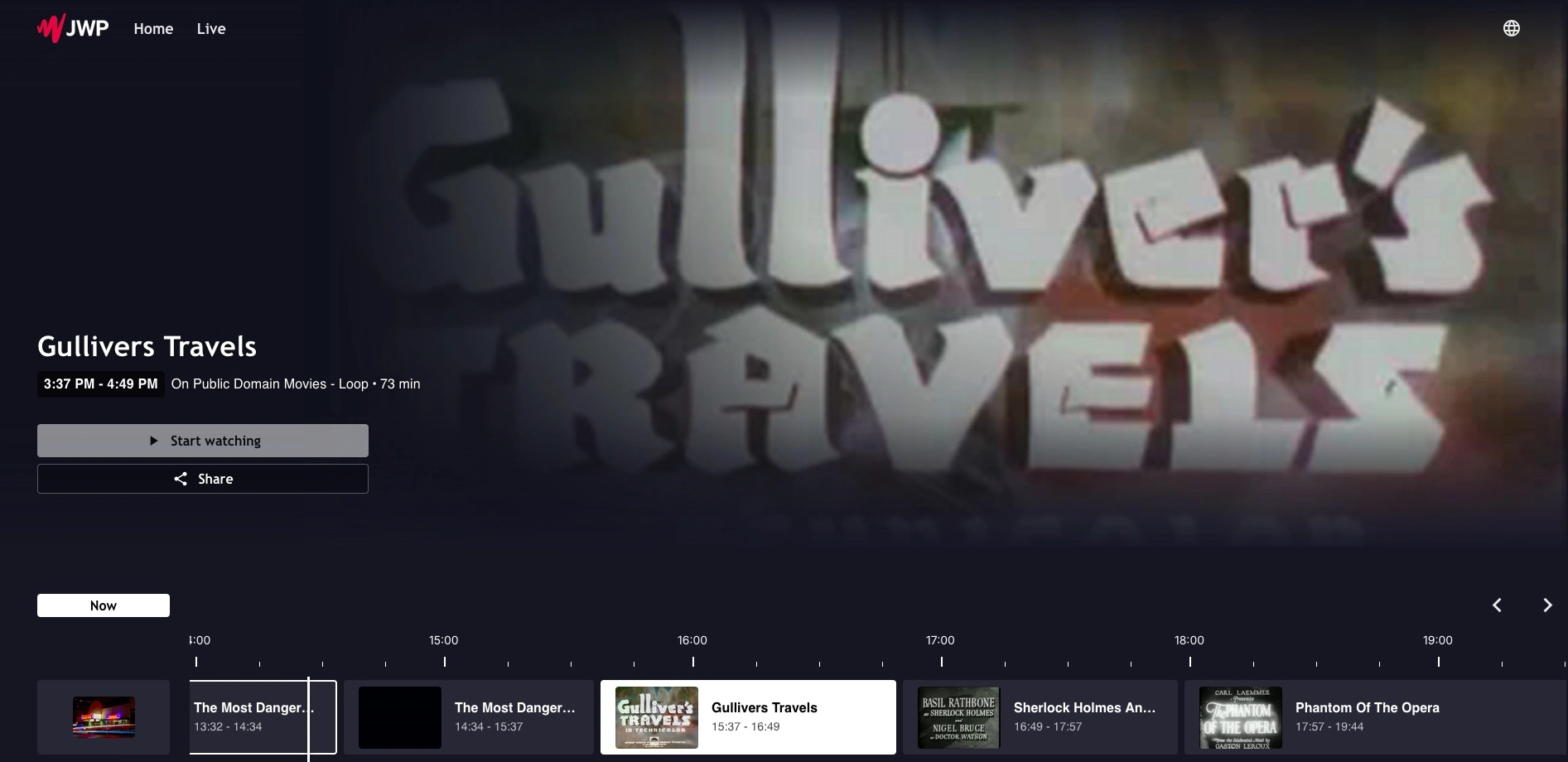 Screenshot of the EPG in the JWP Web App