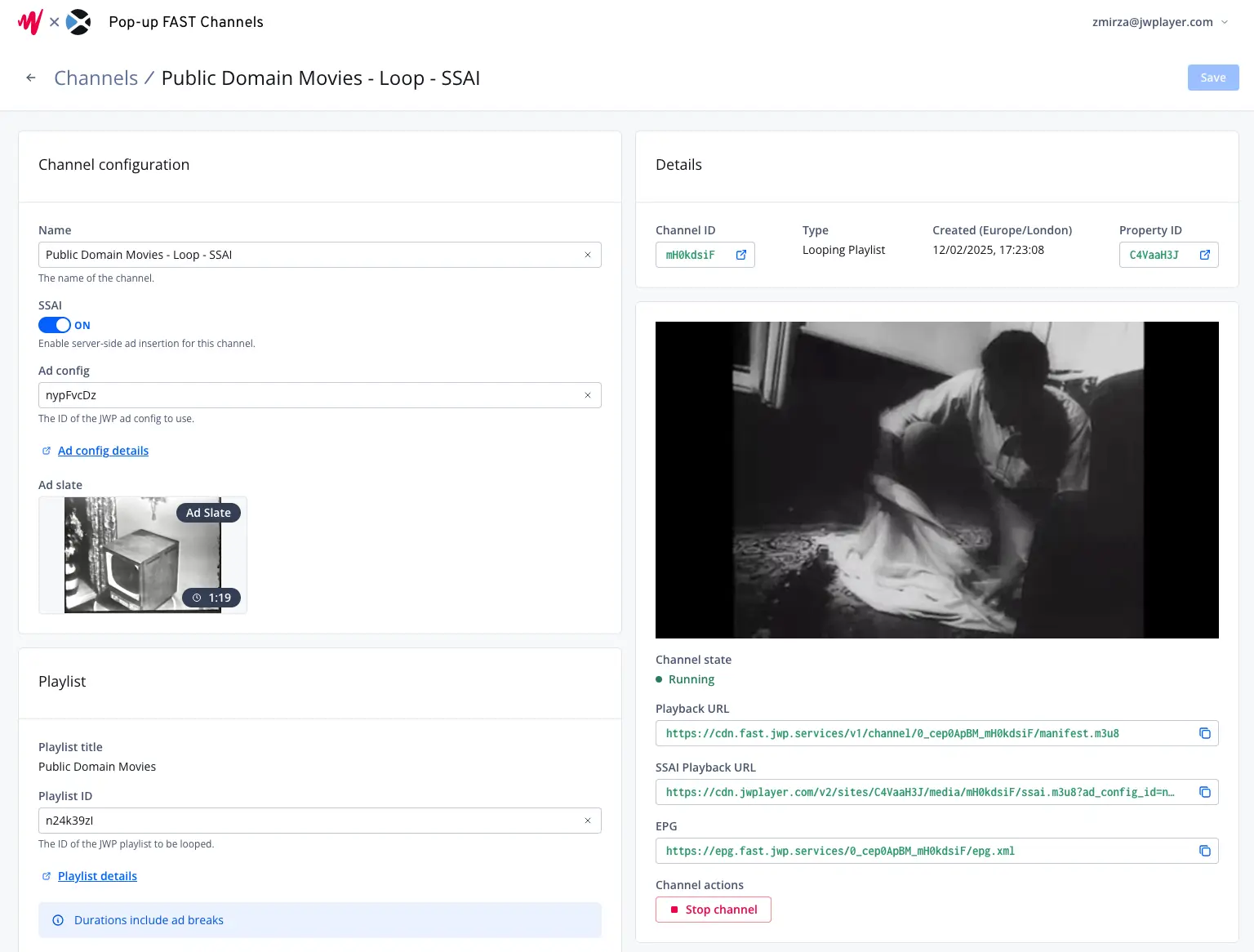 Screenshot of the a channel with SSAI enabled